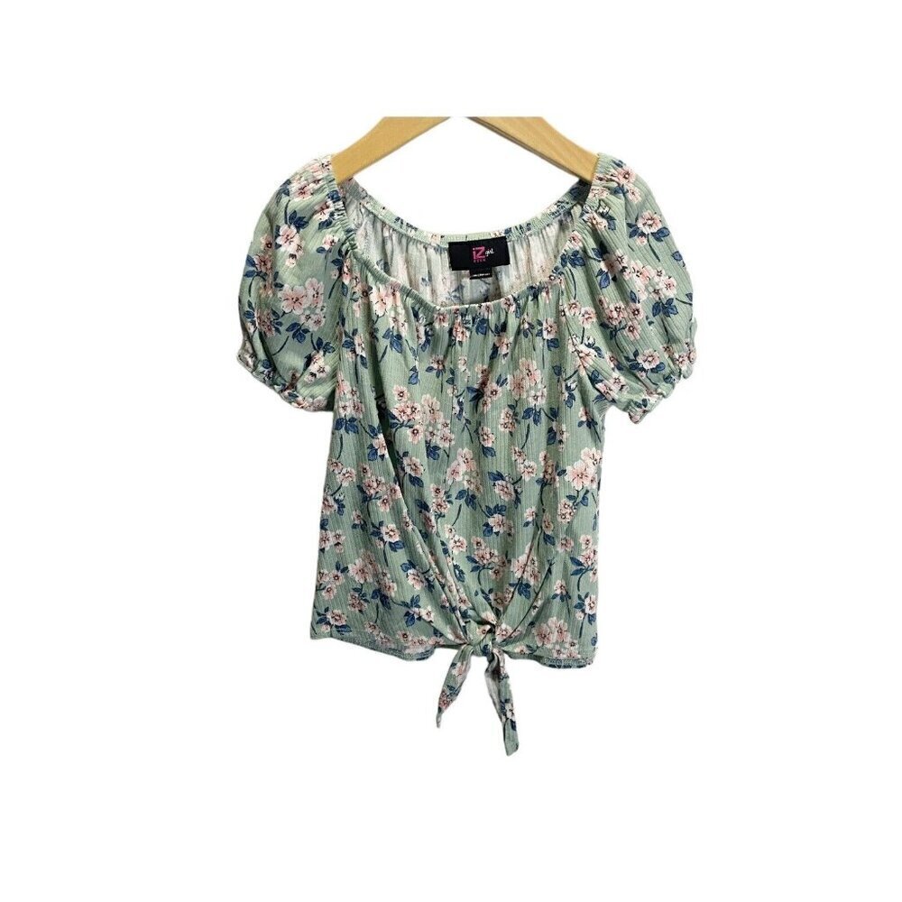 IZ Byer Girls Blouse Stretchy‎ Shirt Sz M (10-12) Floral Print Green Front Tie